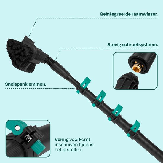 Brosse de lavage télescopique hybride VONROC – Aluminium/carbone 3K – 6,5 m – Avec tête de brosse à 5 pans, tuyau d'arrosage de 9 m et distributeur de savon