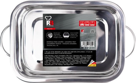 Renberg Plat à lasagne - Moule à pâtisserie - acier inoxydable - 32 x 23 x6.3CM -4 Litres