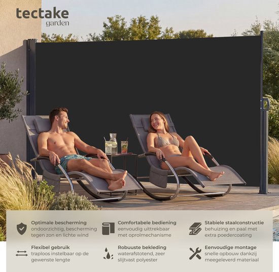 tectake® Pare-vent télescopique avec mécanisme d'enroulement - 300 x 180 cm - Auvent latéral avec armature en aluminium - Pare-soleil - Pare-vue de jardin - Pare-vue noir pour balcon - Pare-vue opaque - Toile de store