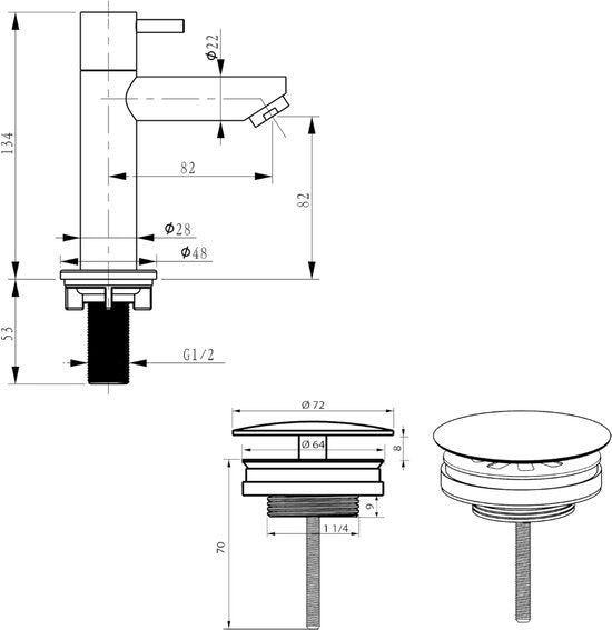 Ensemble de lavabo Differnz Helios – Lavabo en céramique 37,5 x 18,5 x 9,5 cm – Ensemble de lavabo avec robinet à droite, finition or mat – Lavabo avec robinet droit et poignée standard – Pour salle de bains ou WC