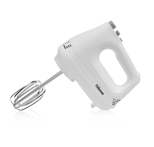 Batteur à main Tristar MX-4202KL, 6 vitesses avec fonction turbo - Moteur 200 W - Fouets et crochets pétrisseurs en acier inoxydable - Blanc