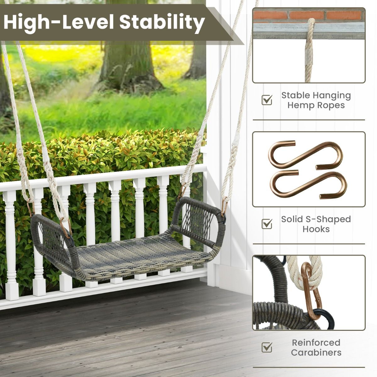 Balançoire de véranda en rotin Coast Curved - 69x37x21.5 cm - Brun mixte - 2 cordes en chanvre incluses