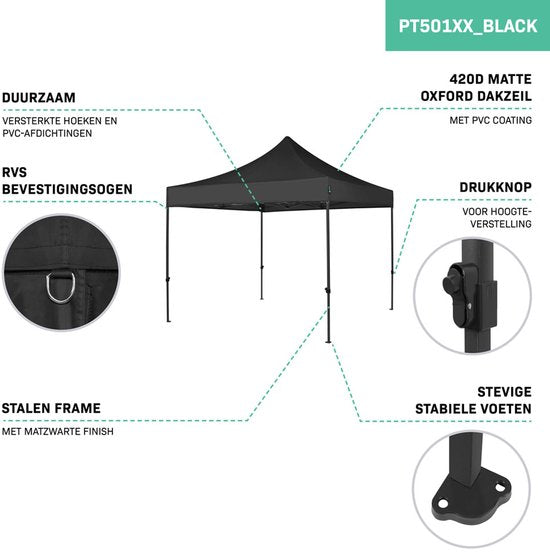 VONROC Party Tent - 3x3 m - Premium easy-up Party Tent - Modular Design - Pliable - Imperméable - Structure en acier - 50+ UV Protection - Sac de rangement inclus - Noir