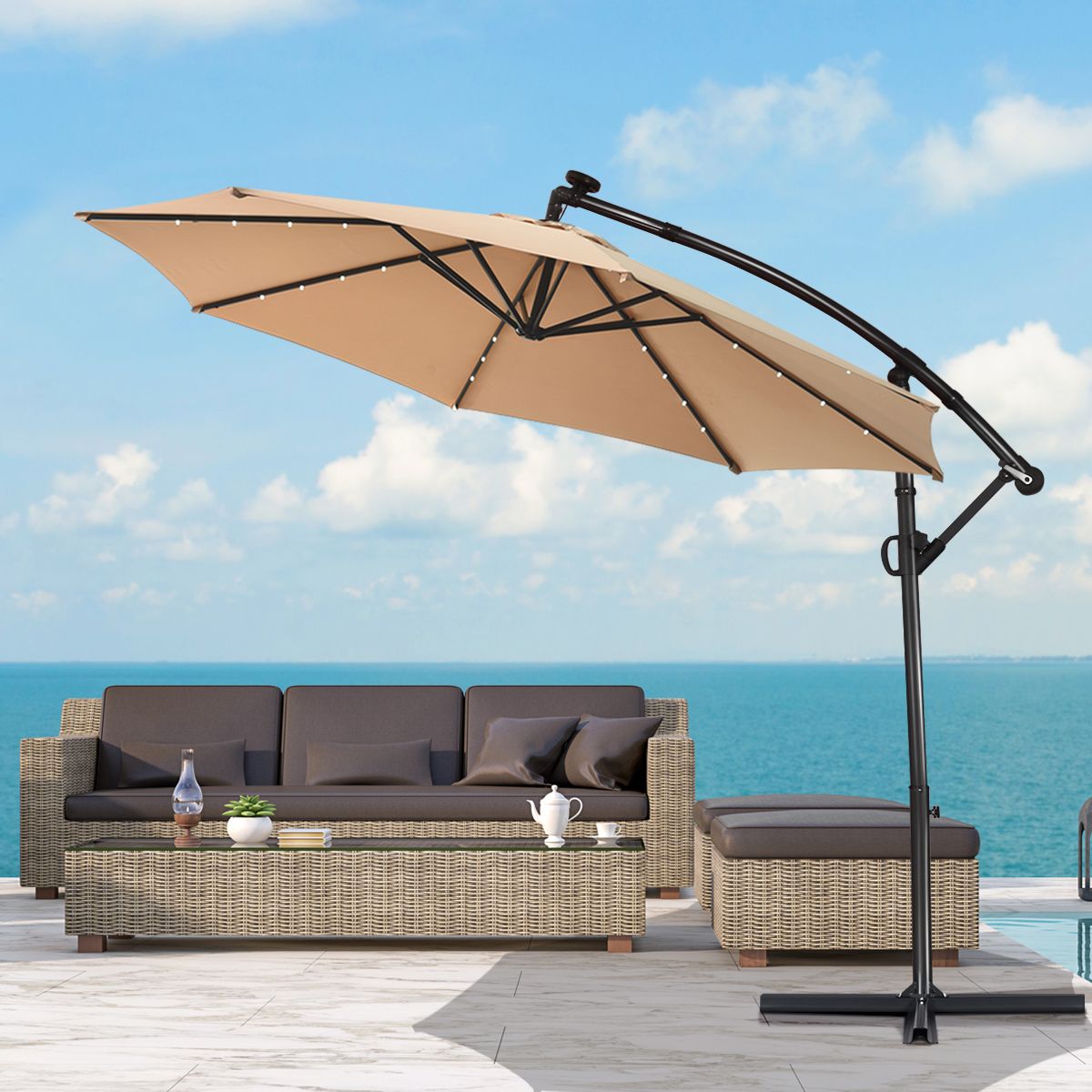 Parasol sur pied Coast avec éclairage LED - 300 cm - Télécommande à énergie solaire - Gris