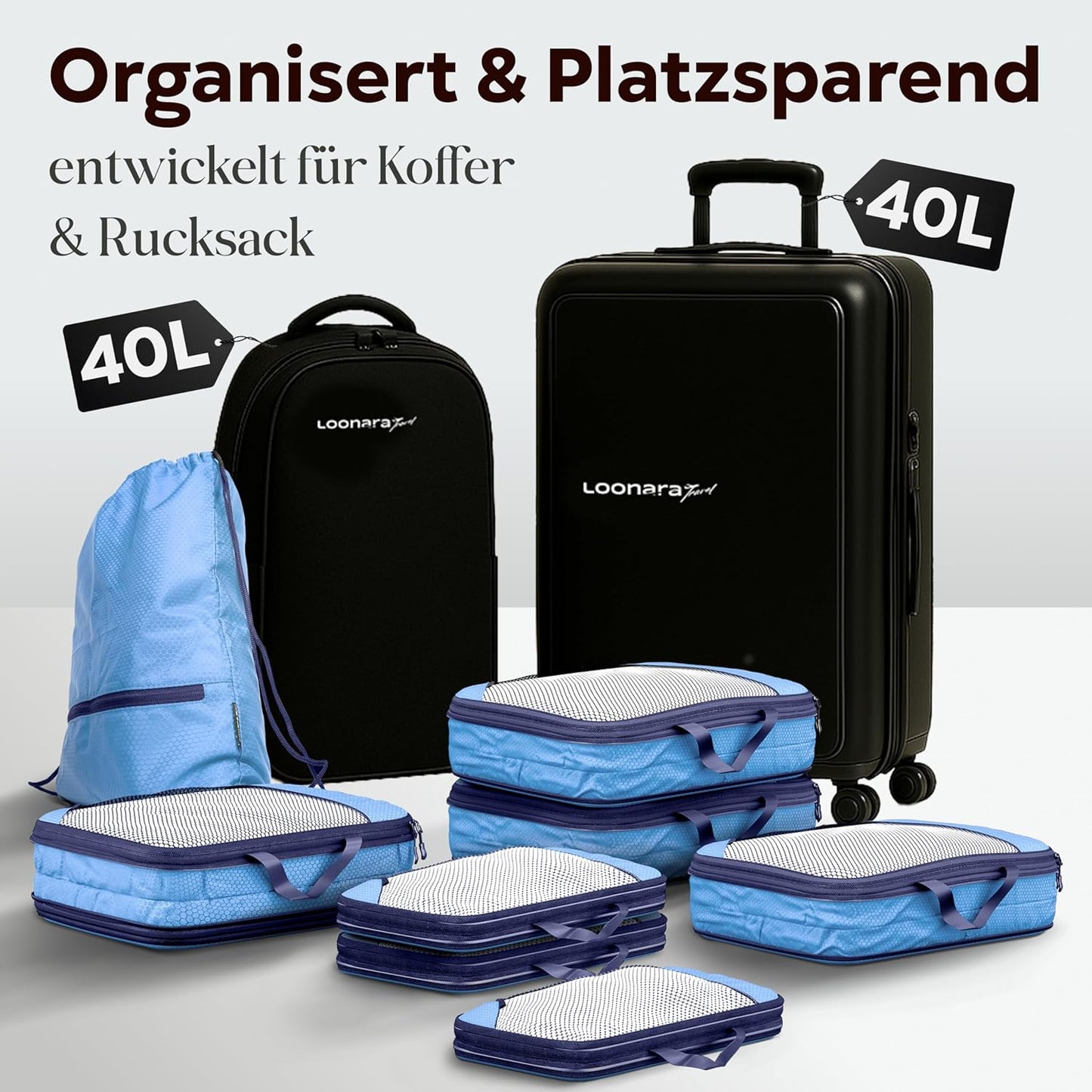 LOONARA Packing Cubes - Compression Travel Organiser - 3-Piece Set - Mariner's Azure - Pour valise et sac à dos - Léger et durable - Gagnez jusqu'à 50% d'espace