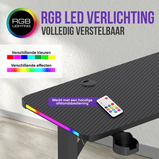Bureau gaming Avalo - 160 x 100 x 75 cm - Bureau d'angle en L - Bureau gaming avec éclairage LED - Table - Noir - Angle à droite