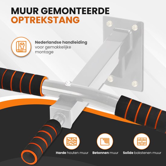TTD® Premium Pull Up Bar - Pull Up Station - Wall Mount Pull Up Bar - Dip Station - Dip Bars - Home Sports - Home Fitness - Premium materials - Extra sturdy mounting parts - Home workout - White/Orange