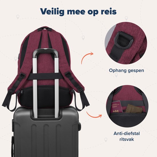 TRVLMORE Backpack - Sac à dos avec compartiment pour ordinateur portable 17,3 pouces - Cartable - Résistant aux éclaboussures - Hommes et Femmes - Garçons et Filles - 36L - Bourgogne