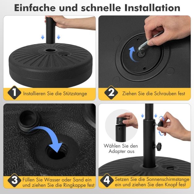 Pied de parasol Coast rechargeable 19,5 L – Pied de parasol pour Ø 38/48 mm – Rechargeable avec de l'eau ou du sable – Noir