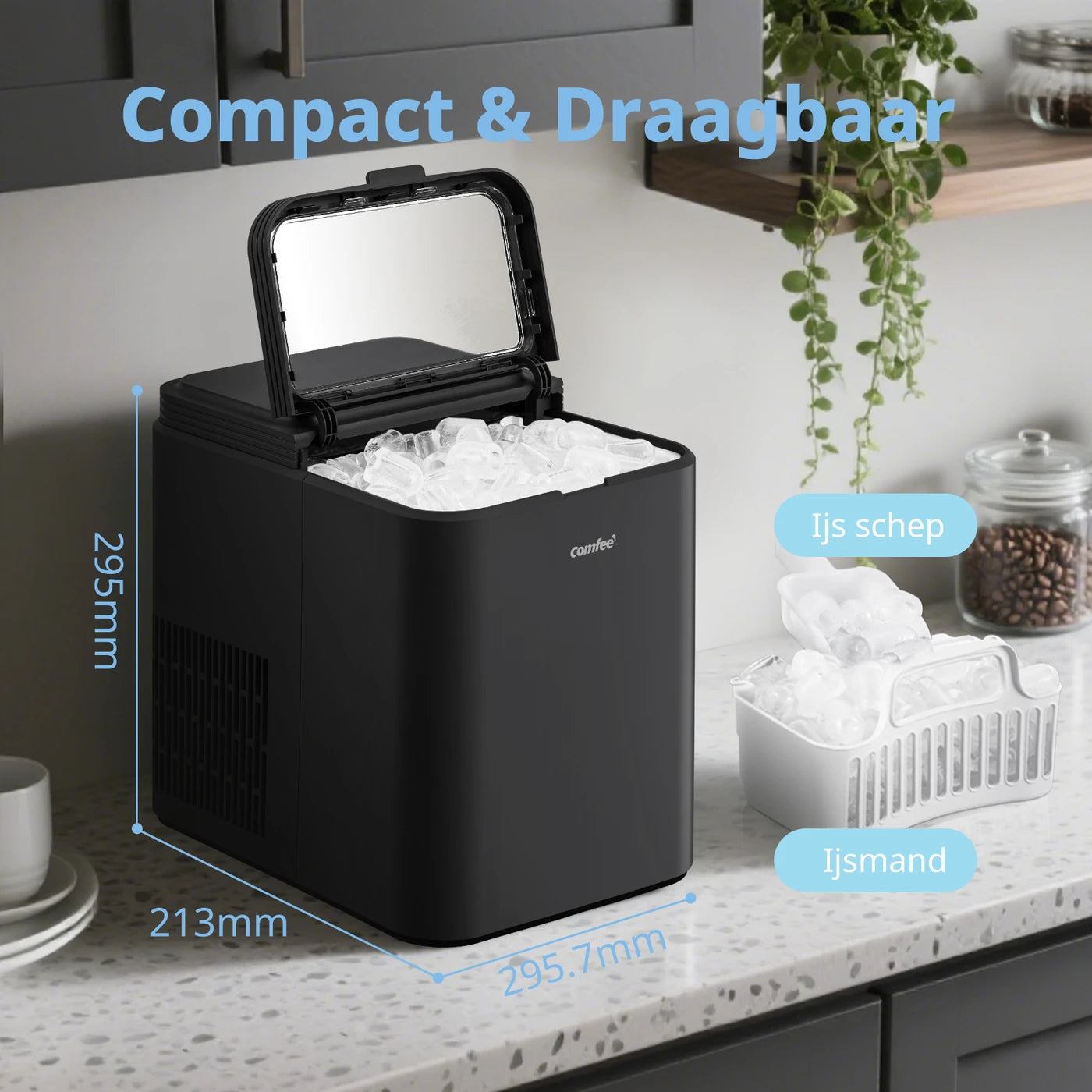 Machine à glaçons Comfee RCI12BL1EU - 12 kg de glace par jour - Autonettoyante - 29,5 x 21,3 x 29,5 cm - Noir