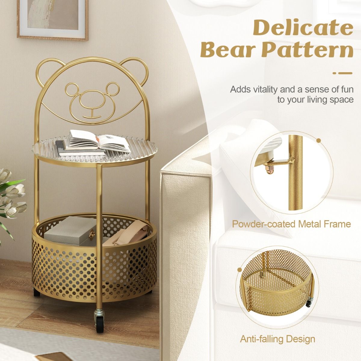 Coast Side Table Gold - 40 x 36.5 x 71 cm - Panier de rangement et cadre en métal avec roulettes