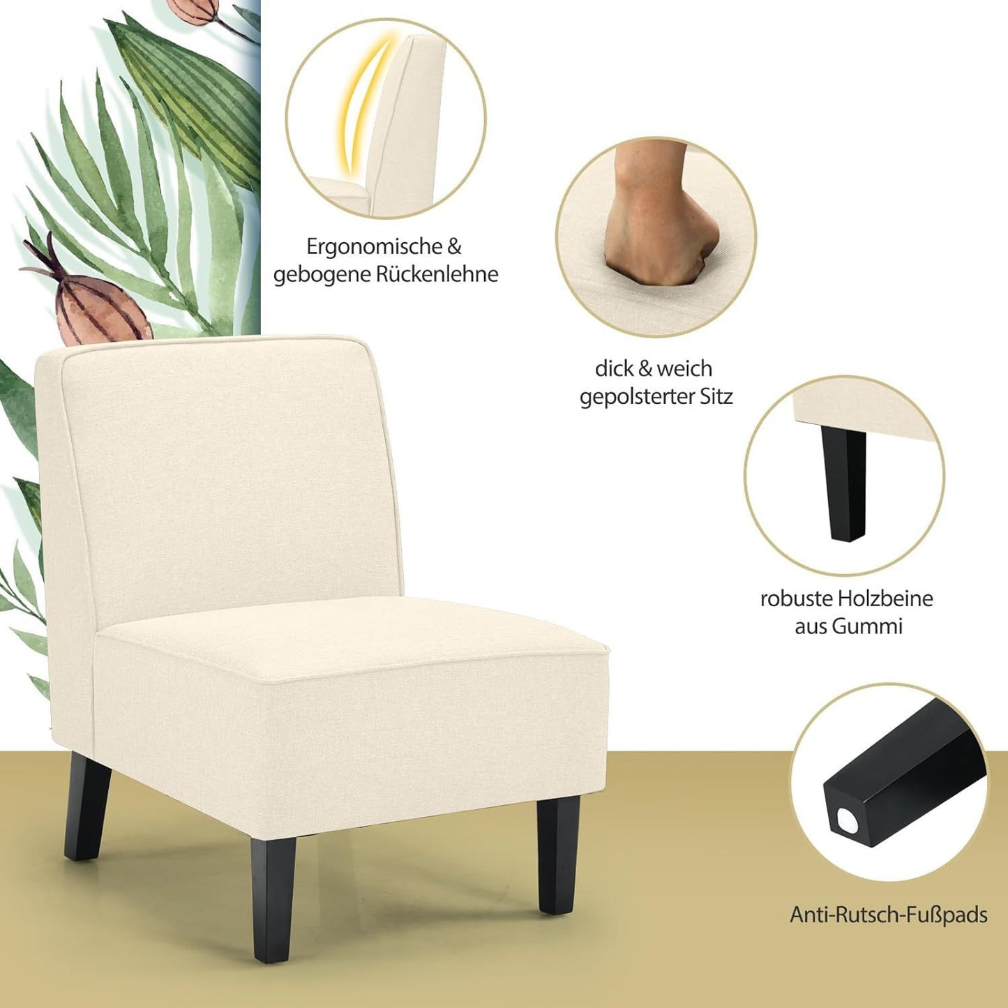 Chaise de salon rembourrée, chaise de salle à manger avec dossier et pieds en bois, 73x61x80 cm