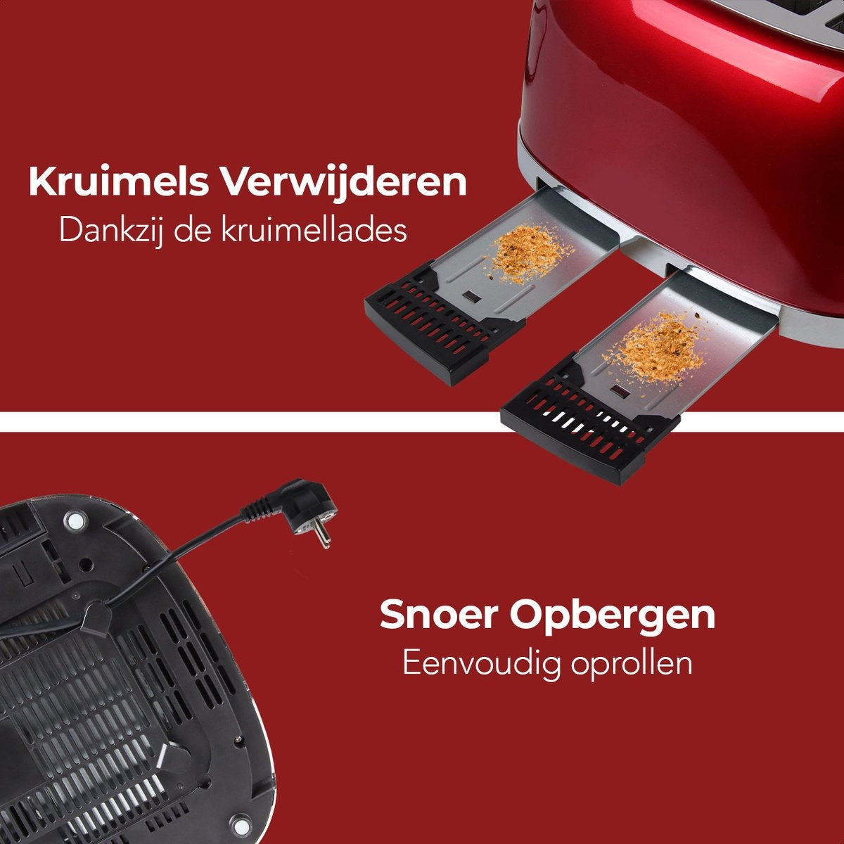 KitchenBrothers Grille-pain rétro - 6 niveaux de chaleur - 4 fentes extra-larges - 1630W - Fonctions de réchauffage et de décongélation - Rouge