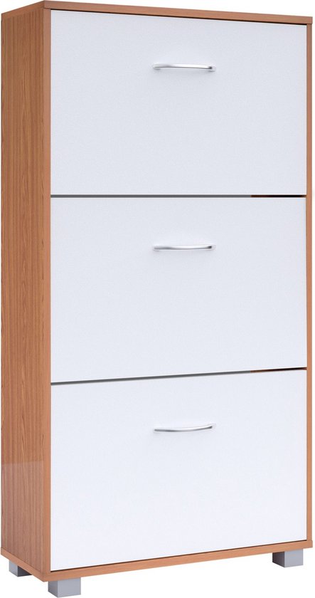 Armoire à chaussures - 3 volets - 115x60x24cm - 18 paires Hêtre/Blanc