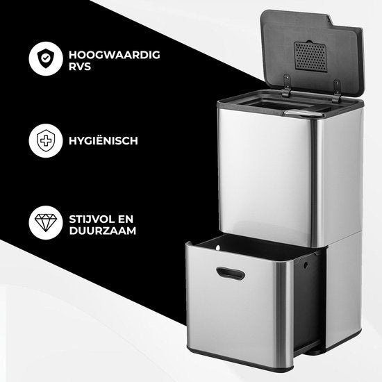 Bayt Poubelle 60 litres - Poubelle 60 litres - Séparation des déchets - 2 compartiments - Acier inoxydable - Argent