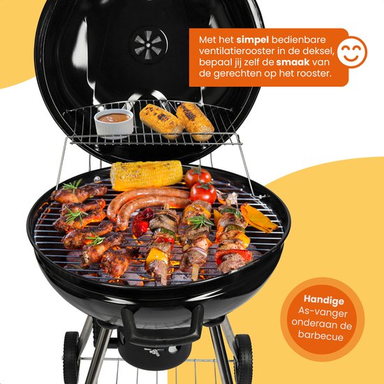 Barbecue au charbon de bois Goliving - Ø54 cm - Accessoires inclus - Barbecue au charbon de bois sur roues - BBQ XXL avec couvercle - Rond - 65 x 89 cm - Noir - Métal
