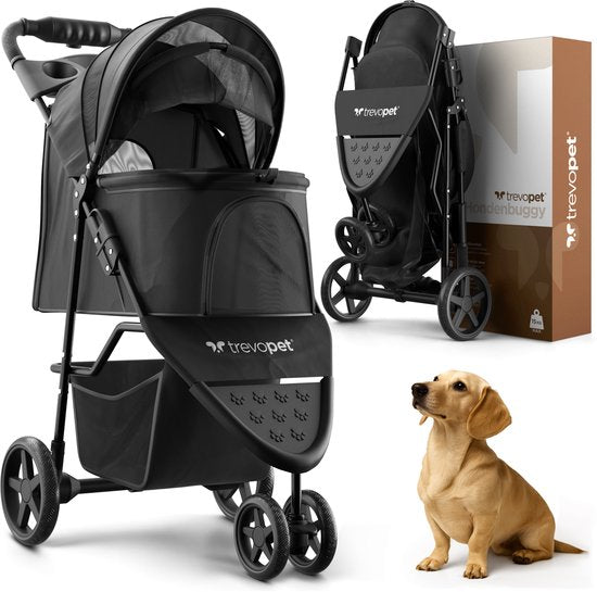 TrevoPet® Buggy pour chien pliable - pour petits et moyens chiens jusqu'à 15 kg - hydrofuge avec porte-gobelet, panier de rangement - noir