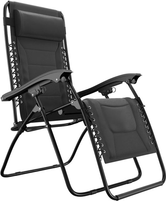LifeGoods Lounger Comfort - pliable - réglable de 30° à 90° - support pour gobelets et téléphone - chaise de jardin - noir