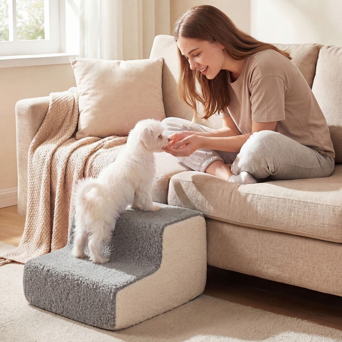 Rampe pour chiens Coast à 2 marches - escalier flexible pour animaux de compagnie - revêtement antidérapant et amovible - gris et blanc