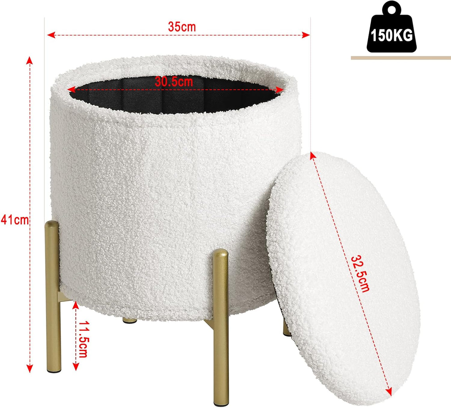 Tabouret de rangement eSituro rond - Polaire Teddy blanche - 35 x 41 cm