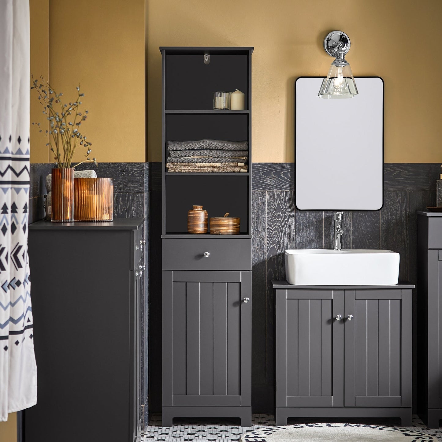 SoBuy Meuble de salle de bain - 3 étagères - 1 porte - 40 x 35 x 161 cm - Gris foncé