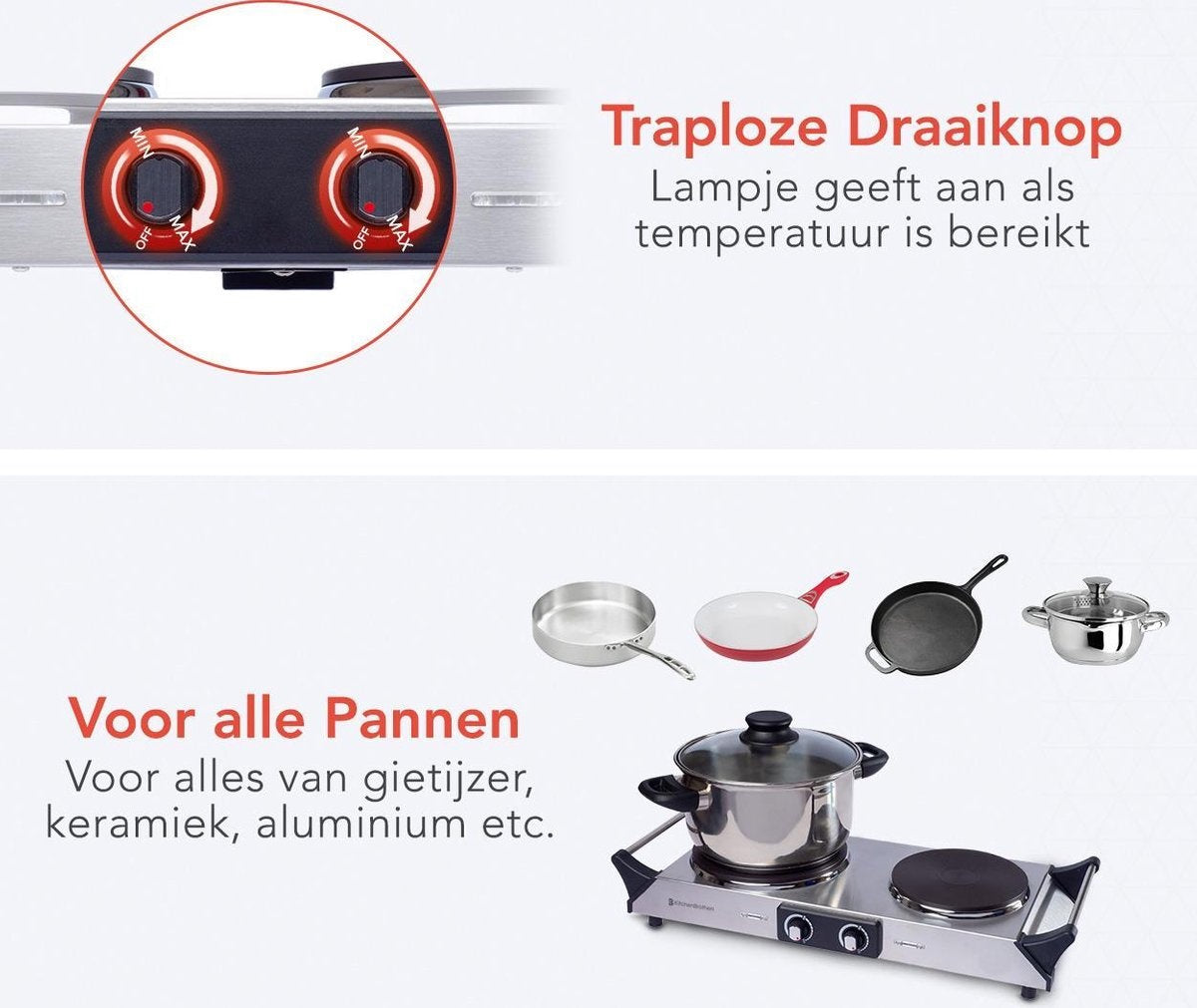 KitchenBrothers Table de cuisson électrique - 2 brûleurs - 2500W - inox