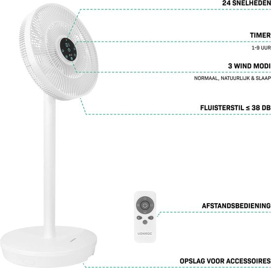 VONROC BREEZE Wireless Fan - Très silencieux (<44 dB) - 24 vitesses - léger et portable - 3 modes de ventilation : Naturel, Sommeil, Normal - Modulable : ventilateur de table et ventilateur de sol - Ecran tactile de luxe - Télécommande incluse - Blanc