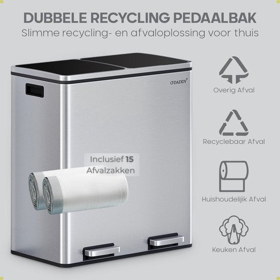 Poubelle O'DADDY® - Poubelle – Duo Bin – 60 litres – Fermeture douce – 58,6 x 32 x 65 cm – 2 seaux intérieurs / compartiments - Poubelle - Poubelle à pédale 60 L - Corbeille à papier - Poubelle - Poubelle pour le tri sélectif – 15 sacs poubelle inclus – A