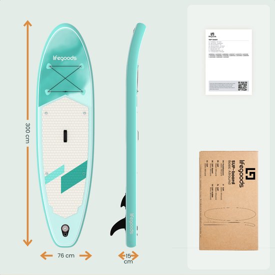 LifeGoods SUP Board All-round Compact - Capacité de charge 100 KG - 300 x 76 cm - Gonflable - Pack SUP complet - Vert menthe