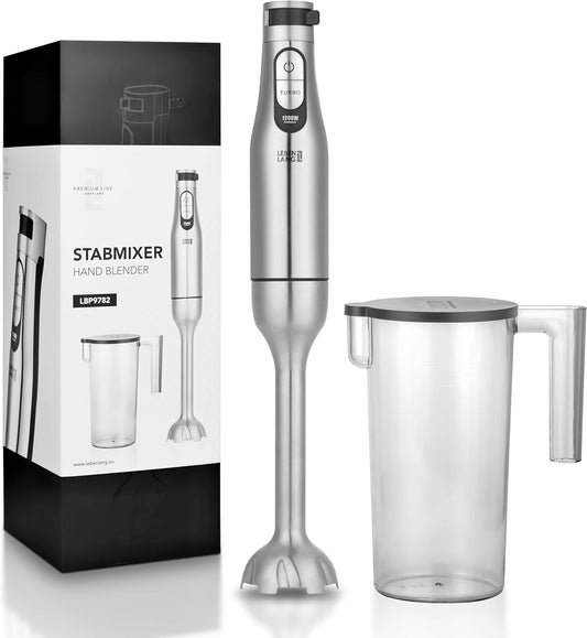 LEBENLANG - Premium Hand Blender 1200W - Acier inoxydable - avec tasse de mesure de 1000ml, protection contre les éclaboussures et fonction Turbo - réglable en continu - sans BPA
