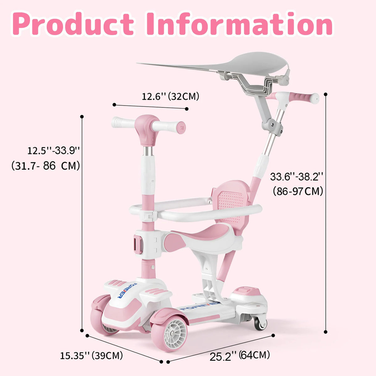 Trottinette à 4 roues Neuleb pour enfants de 3 à 8 ans, trottinette à poussée avec siège pivotant, charge maximale de 100 kg, hauteur réglable, direction par inclinaison, convient aux garçons et aux filles, rose