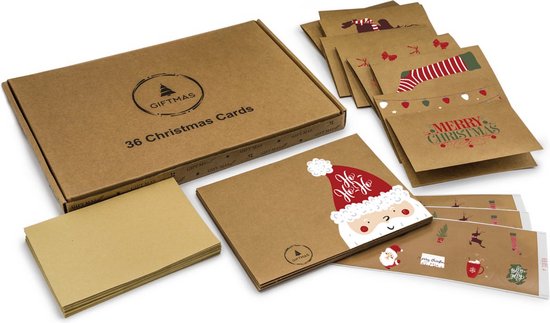 Giftmas Christmas Collection - Set de cartes de vœux et de cartes de Noël - 36 cartes de vœux avec 12 motifs - Enveloppes et autocollants inclus - Papier kraft avec impression en noir pour les fêtes - 20×15 cm