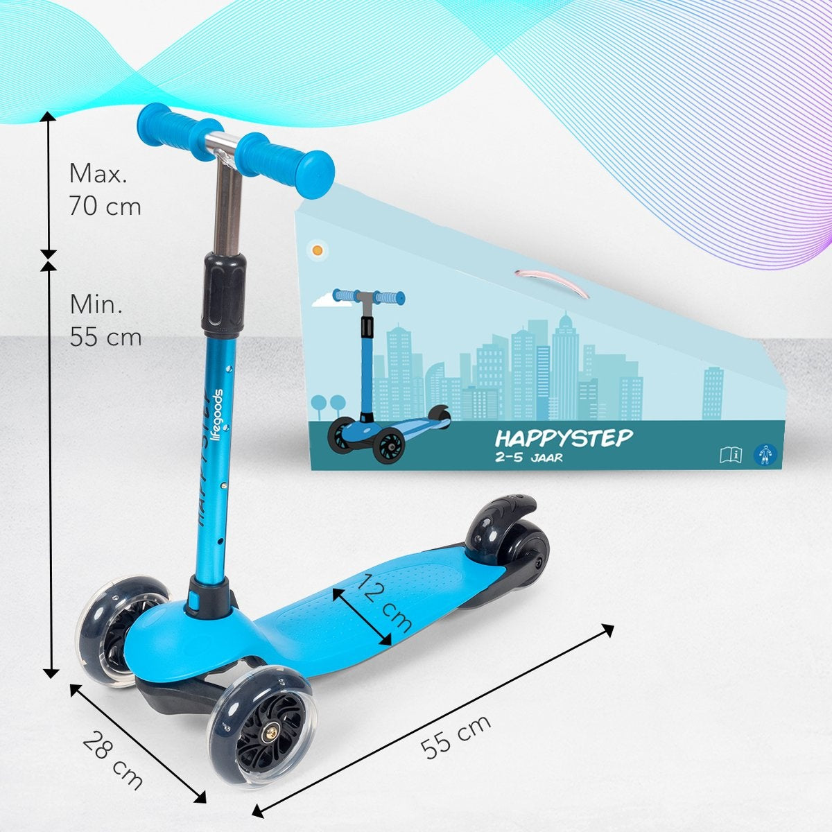 Trottinette pour enfants - LifeGoods HappyStep - 2-5 ans - 3 roues lumineuses - Garçons/Filles - Bleu