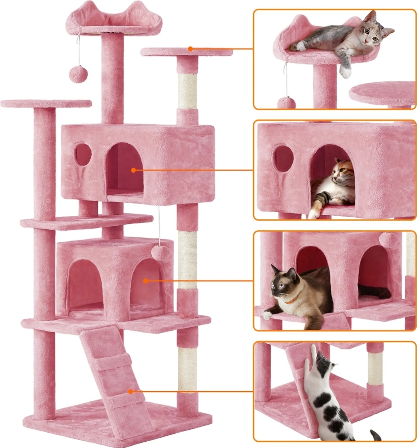 Yaheetech Cat Post XXL avec 3 plateformes d'observation - équipé de 2 maisons pour chats et de 3 griffoirs et d'un dispositif anti-fugue - pour les foyers avec plusieurs chats - peluche rose et sisal - 54 x 54 x 178 cm