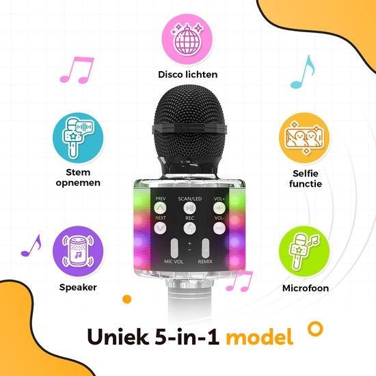 AyeKids 5-in-1 Karaoke Microphone - Sans fil & Bluetooth - Haut-parleur intégré & lumières Disco - Câble AUX inclus - Microphone Kids - Karaoke Set - Noir