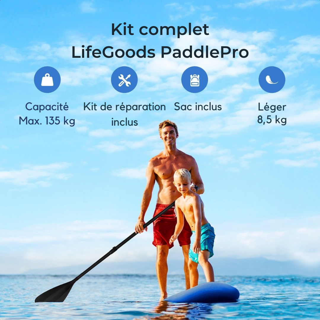 Paddle LifeGoods - Deluxe Set - Avec siège - Planche à pagaie gonflable - Max. 135KG - 320x81cm - Bleu