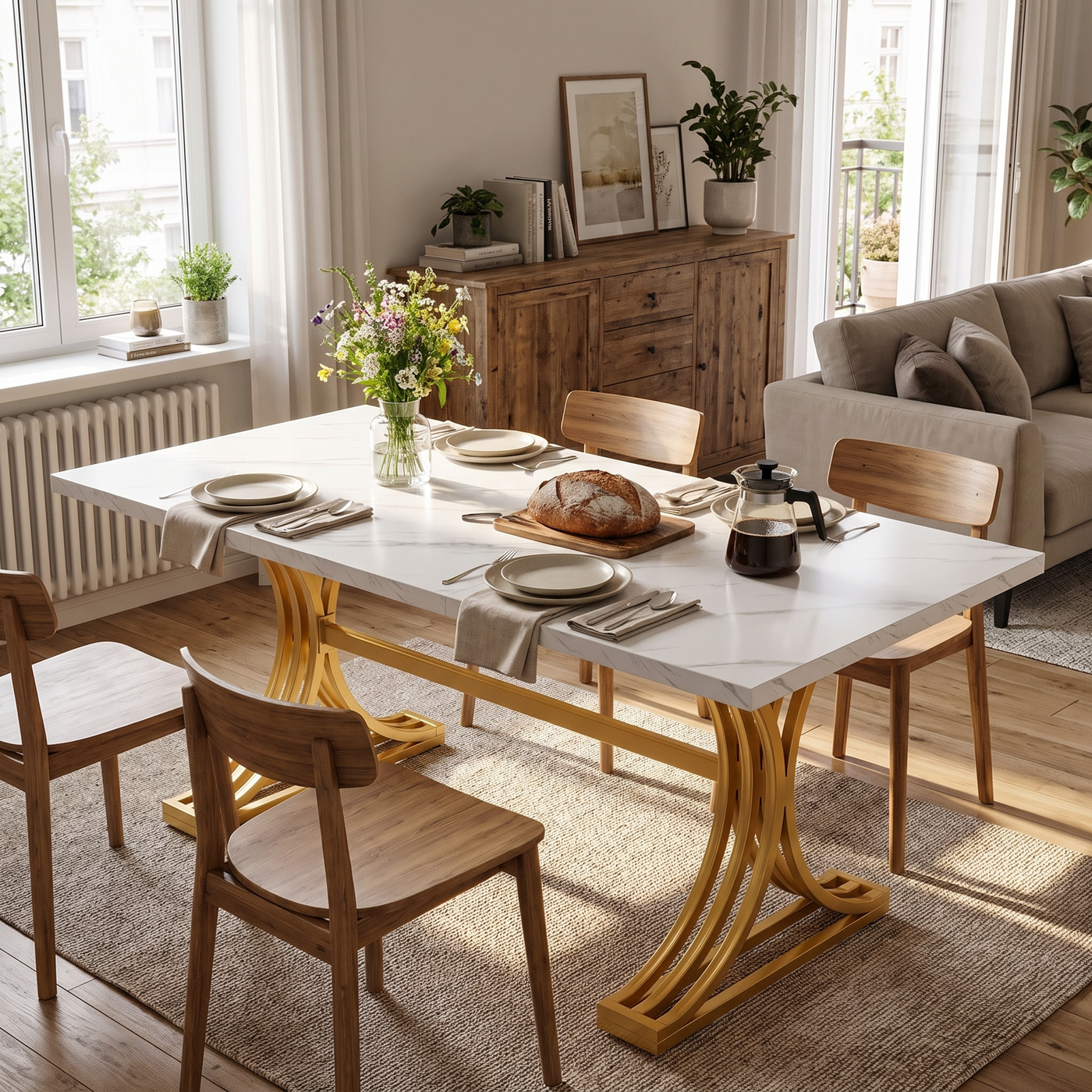 Table de réunion Lantine 160 x 80 cm - Pour 4 à 6 personnes - Marbre synthétique blanc et doré - Pieds métalliques modernes