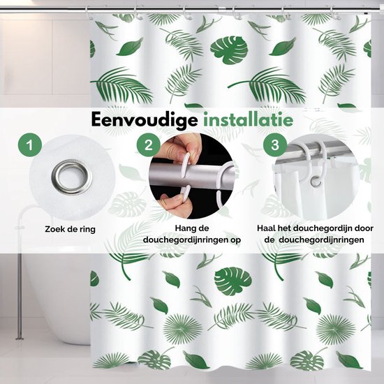 VAIVE Rideau de douche vert 180x200 - Anti-moisissure - Rideaux de douche - Anneaux