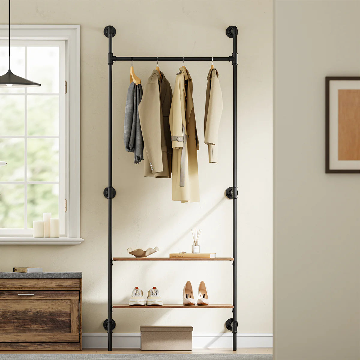 SoBuy KLS20-SCH : porte-vêtements mural compact avec 2 étagères en MDF - Noir industriel - 91,5 x 48 x 220 cm