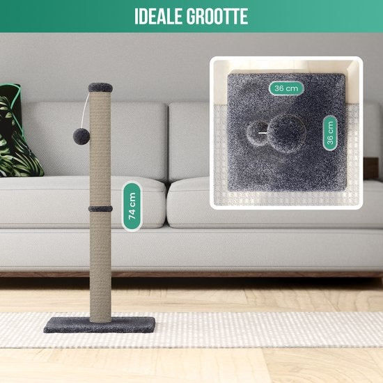 Griffoir avec boule de jeu - Avalo - 36x36x74 - Griffoir pour chat - Gris foncé