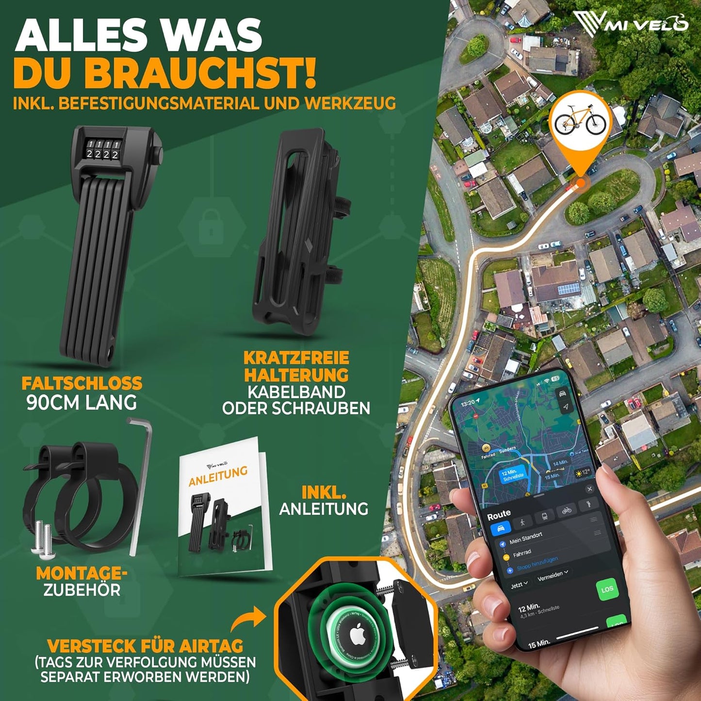 Antivol à code pour vélo MIVELO - pliable - avec compartiment secret pour AirTags - 90 cm de long - acier robuste - 19,5 x 7 x 4 cm