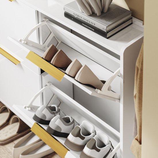 SoBuy FSR206-GW Shoe Cabinet Entrance - Ultrathin 19 cm - High Gloss White and Gold - Pour hall d'entrée, couloir, petit espace, avec protection contre l'inclinaison et protection du sol - 100x19x88.5 cm