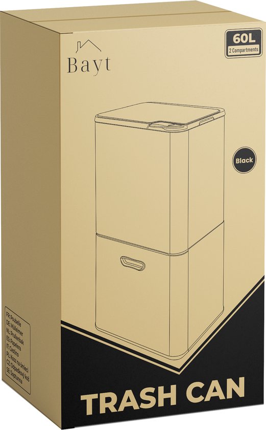 Bayt Trash Can 60 Liter - Poubelle 60 litres - Séparation des déchets - 2 compartiments - Acier inoxydable - Noir