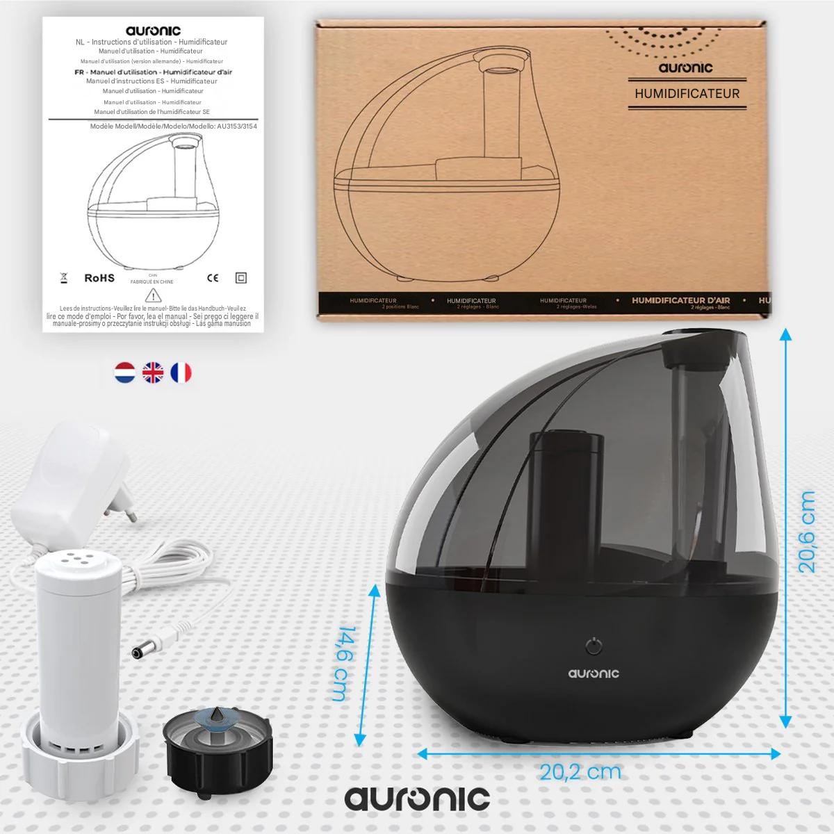 Humidificateur Auronic - Adapté à la chambre de bébé et à la chambre à coucher - Noir - Filtre à eau inclus