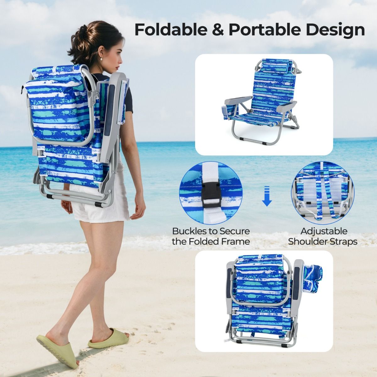 Chaise de plage pliable - Bleu marine - 5 positions d'inclinaison - 150 kg - Avec porte-gobelet et compartiments de rangement