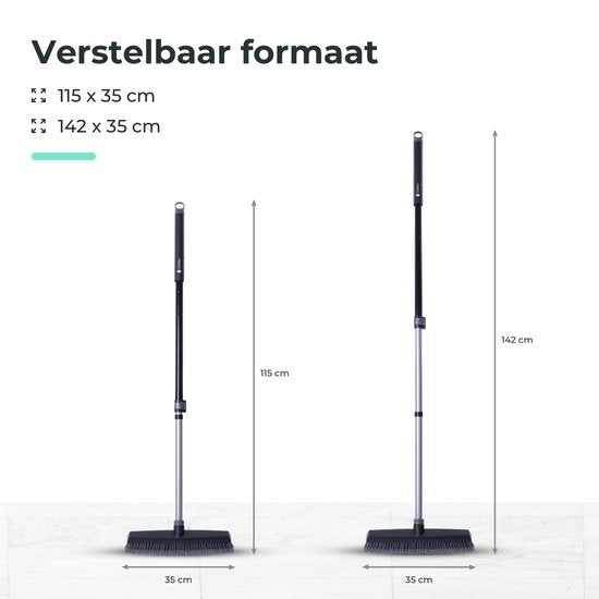 CLEANLY Balai intérieur et extérieur avec manche télescopique 115-142 cm - Brosse avec manche - Balai de rue - Balai de salle - Balai de salle - Balai doux - Balai d'intérieur - Largeur 35 cm - Noir, Gris