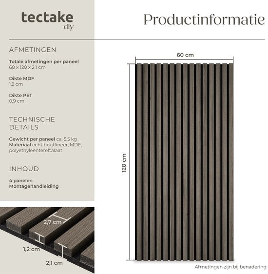 tectake® Acoustic Panels - Lot de 4 - Panneau mural acoustique - 60 x 120 cm - 2,88 m² - Panneaux muraux à taille réglable - Mur à lattes en MDF et placage bois - Isolation acoustique - Décoration murale élégante - Installation facile - Gris chêne
