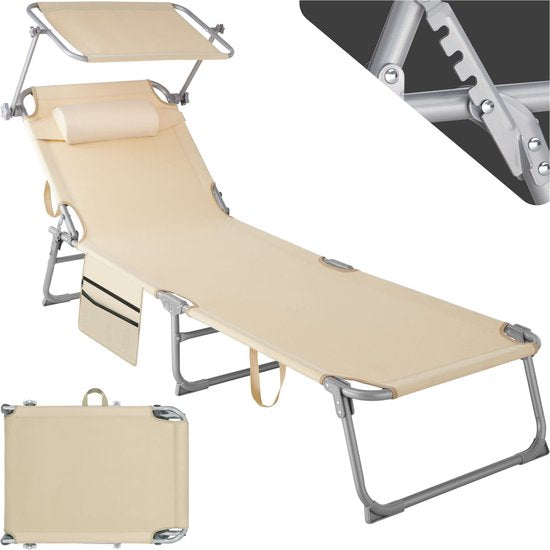 tectake® - bain de soleil bain de soleil - 4 positions, pliable - beige - 68 x 190 x 28 cm, avec poche latérale