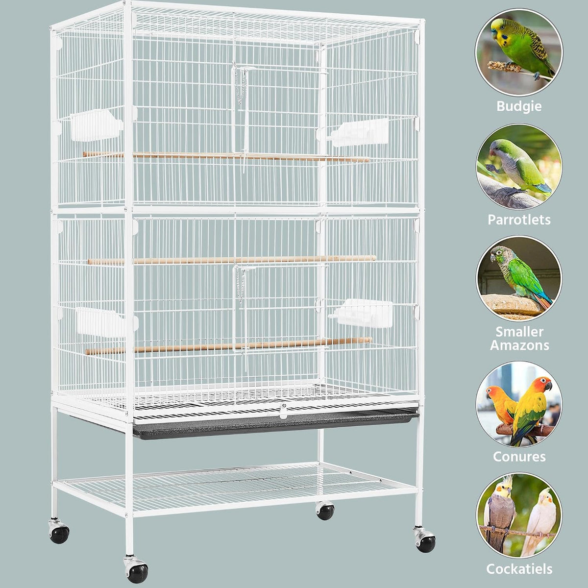 Cage à oiseaux Yaheetech avec support – 79 × 51,8 × 132 cm – Blanche – Cage pour perruches avec roulettes, 3 perchoirs en bois et 4 mangeoires