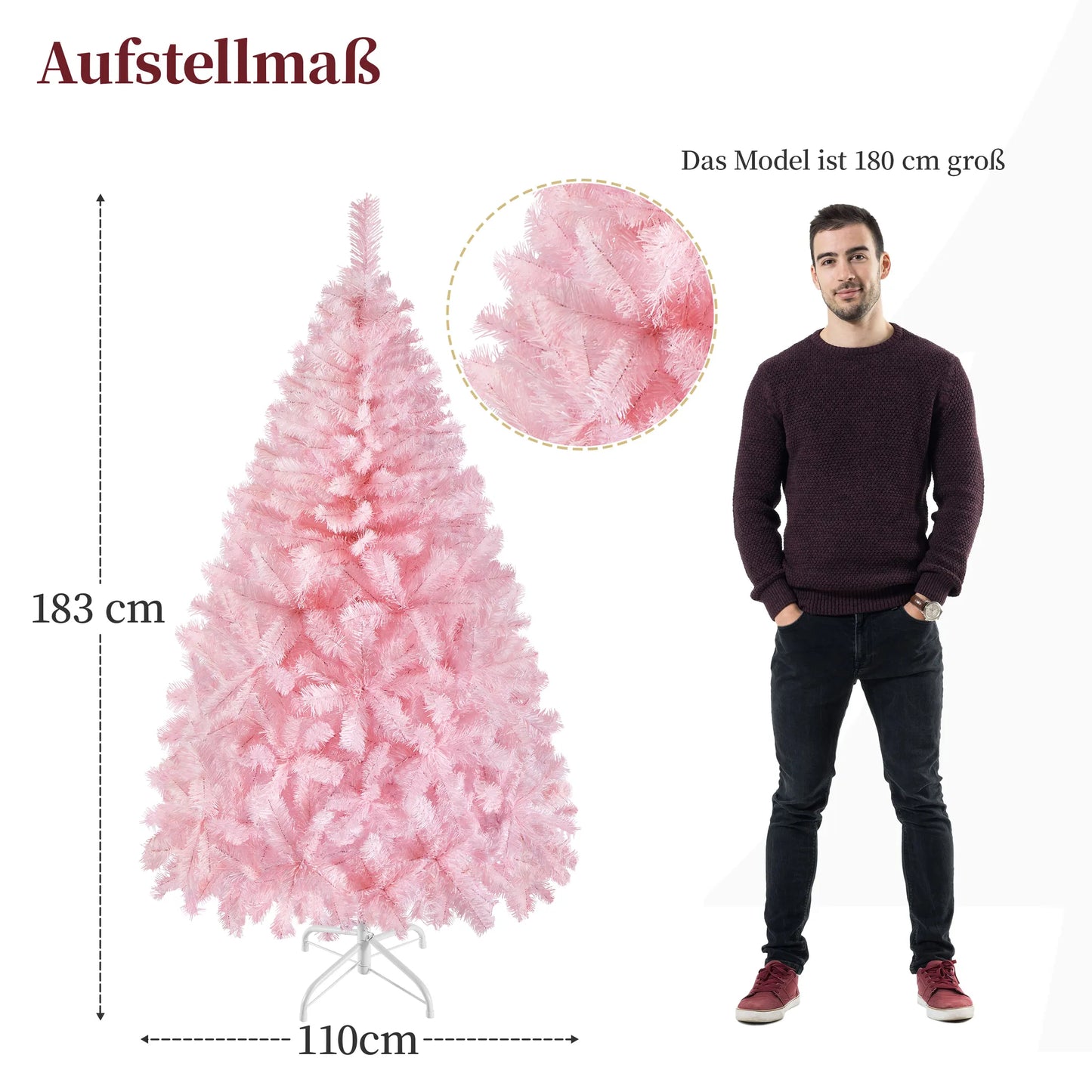 Yaheetech Arbre de Noël artificiel rose - 110 x 110 x 183 cm - avec 598 branches et une base métallique pliable et des capuchons en caoutchouc protecteurs - pour le salon et les vacances - PVC et métal rose